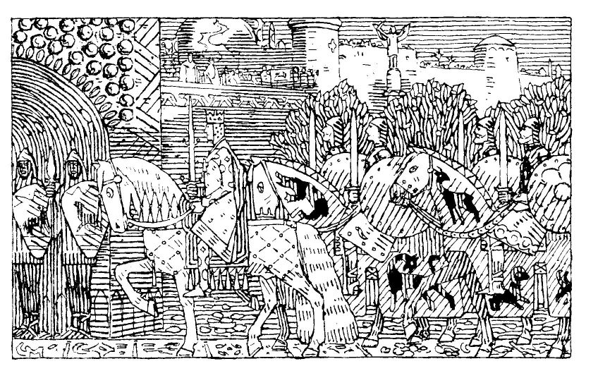 Kral Sigurd ve Askerleri Miklagard'a Girerken, Gerhard Munthe'nin Heimskringla'ya yaptığı çizim.